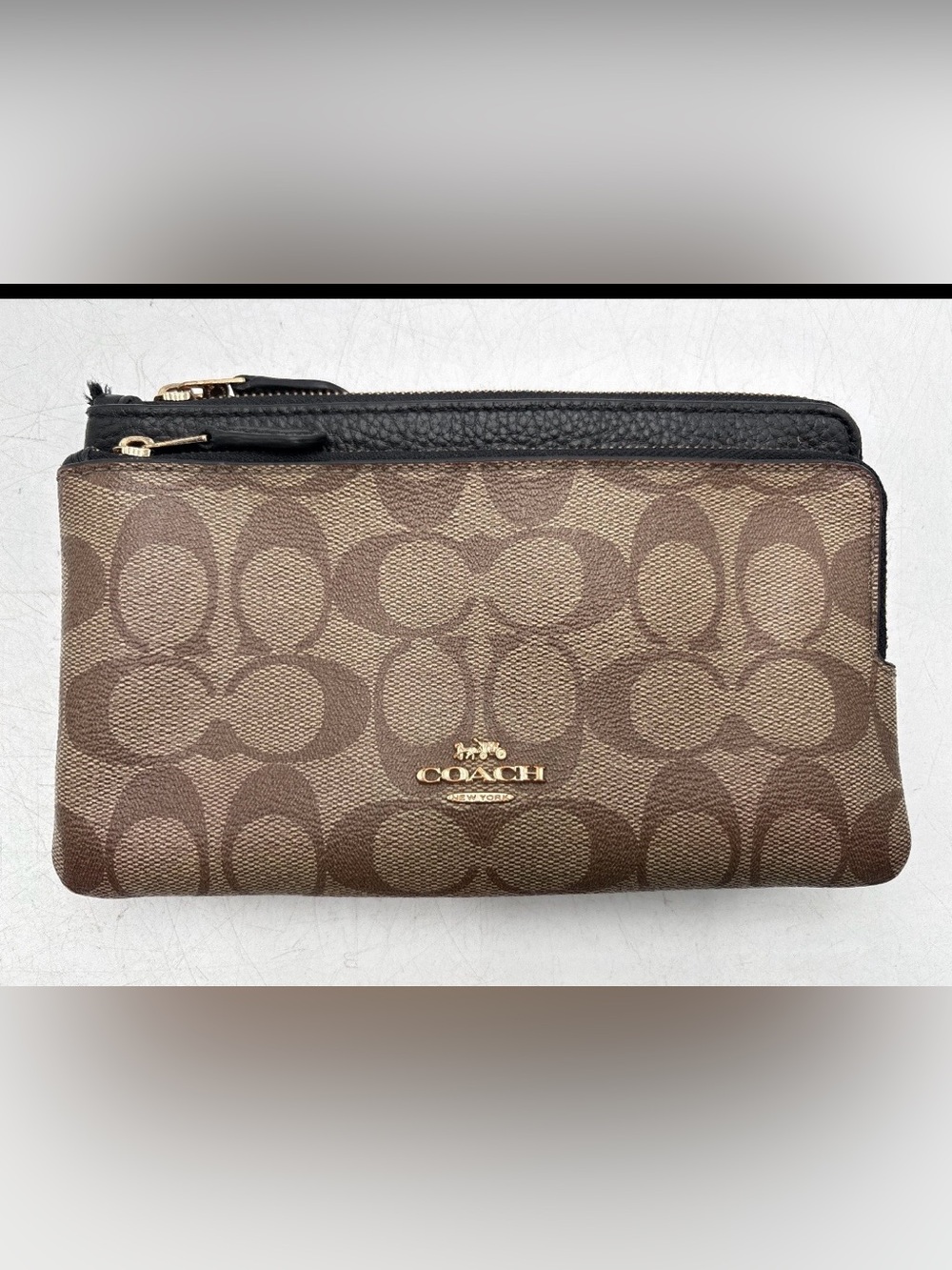 Coach Brown and Black Signature Zip Wristlet with Gold Logo